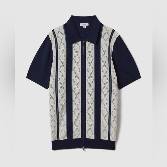 Reiss Navy and White Striped Full Zip Polo - Picture 2 of 8